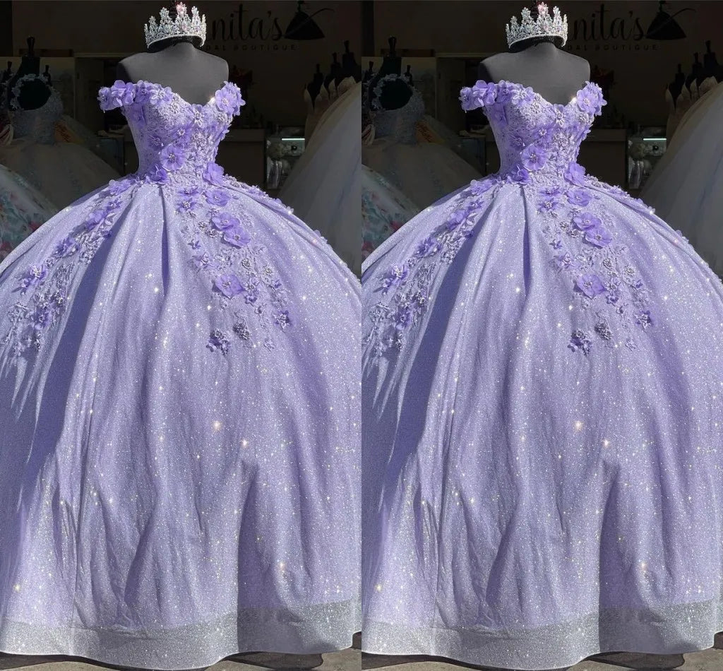 Lavender Ball Gown Off The Shoulder Prom Dress With 3D Flowers    S603