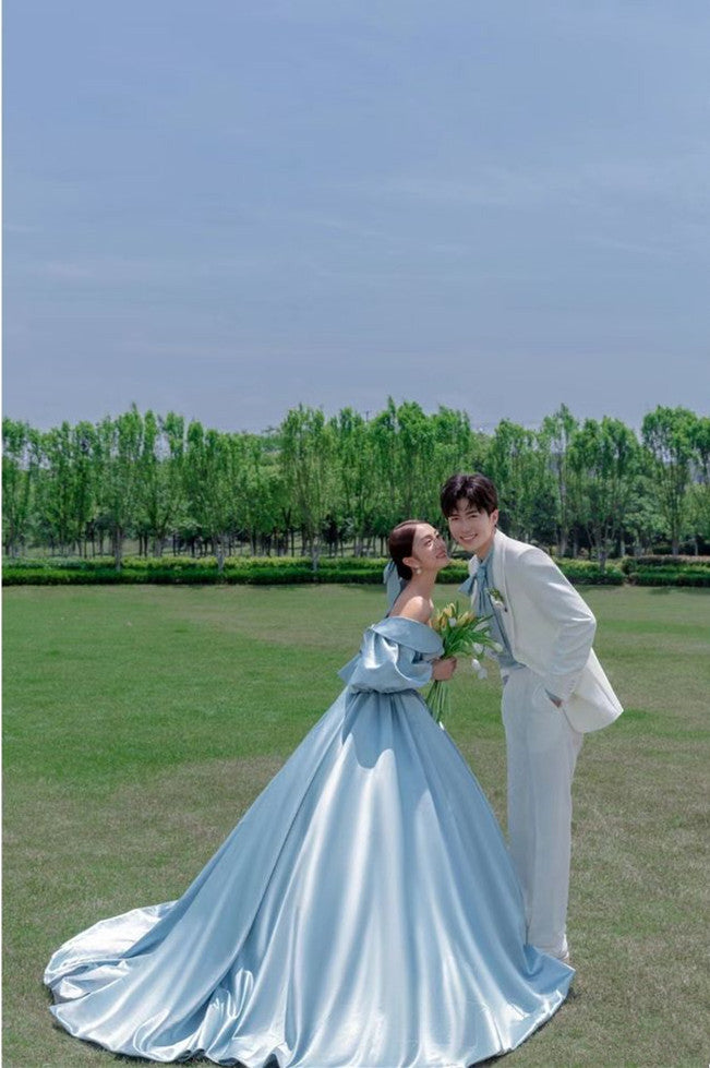 Sky Blue Elegant Bridal Gown Lace Up Back Long Vintage Bride Dress         S6491