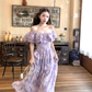 Purple long printed waist dress for women summer French retro temperament high-end skirt R4581