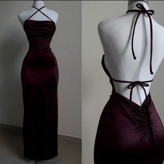 Elegant Sheath Halter Sleeveless Burgundy Satin Backless Prom Dresses Long Evening Dress          S6232