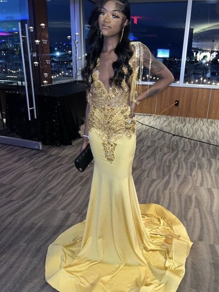 Yellow Mermaid Long Black Girl Prom Dress Long Formal Dress          S6176