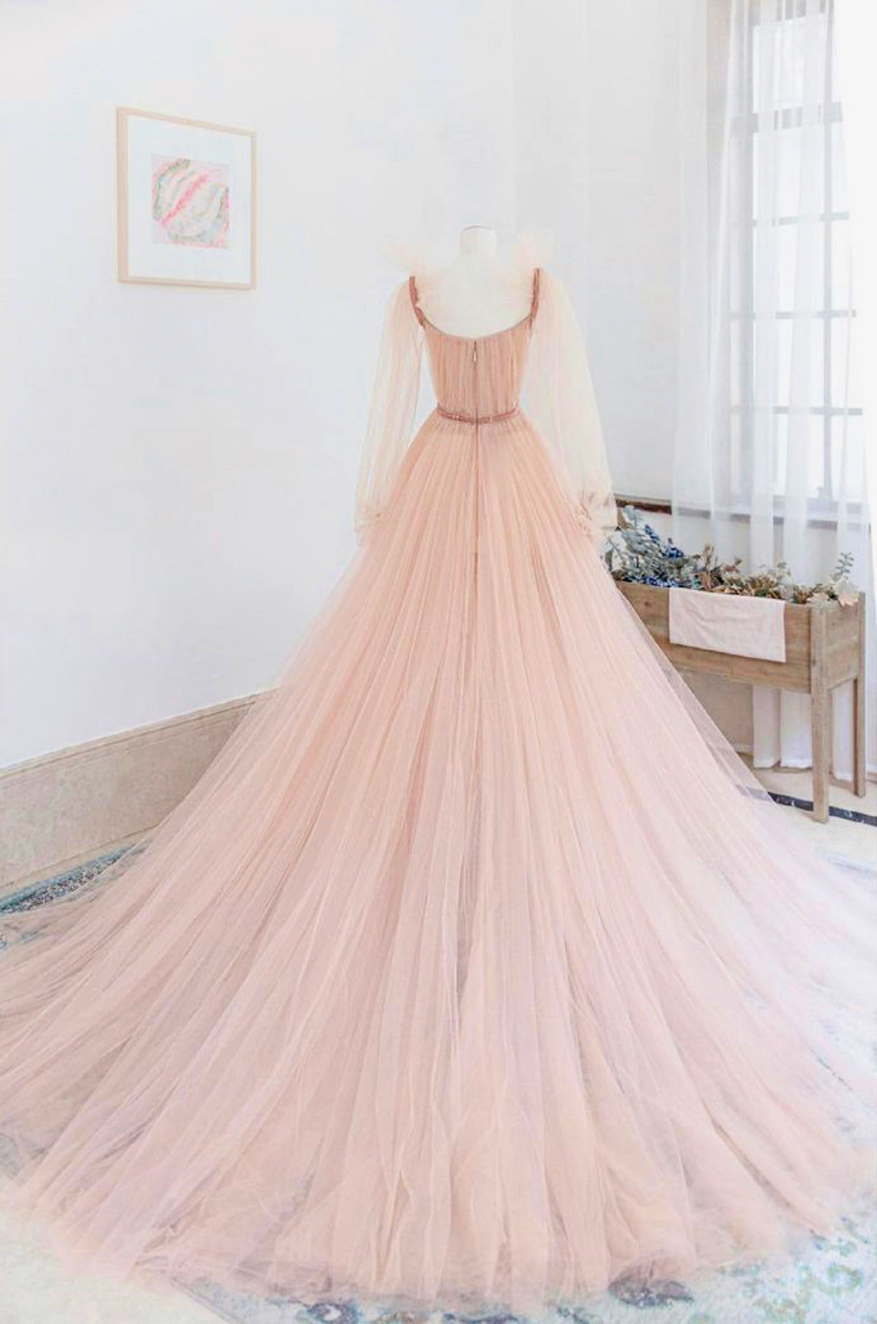 A Line Tulle Long Sleeve Pink Evening Dress Long Prom Dress       S6334