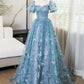 Blue Short Sleeves Long Party Dress With Butterfly Lace, Blue Prom Dress      S6261