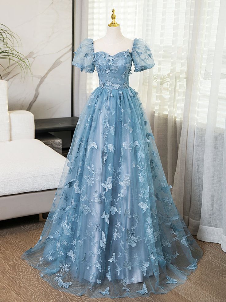 Blue Short Sleeves Long Party Dress With Butterfly Lace, Blue Prom Dress      S6261