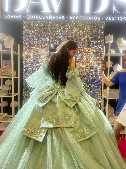 Sparkly Quinceanera Dresses Off The Shoulder Green Ball Gown Dress        S6425