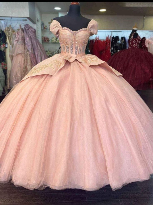 Quinceanera Dresses Off The Shoulder Pink Ball Gown Evening Dress        S6429