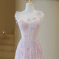 Light Pink Round Neckline Lace Long Prom Dress, A-line Pink Floor Length Party Dress        S6340