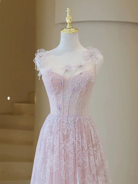 Light Pink Round Neckline Lace Long Prom Dress, A-line Pink Floor Length Party Dress        S6340