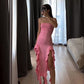 Elegant Strapless Pink Irregular Dress Women Sexy Sleeveless Midi Dresses       S6118