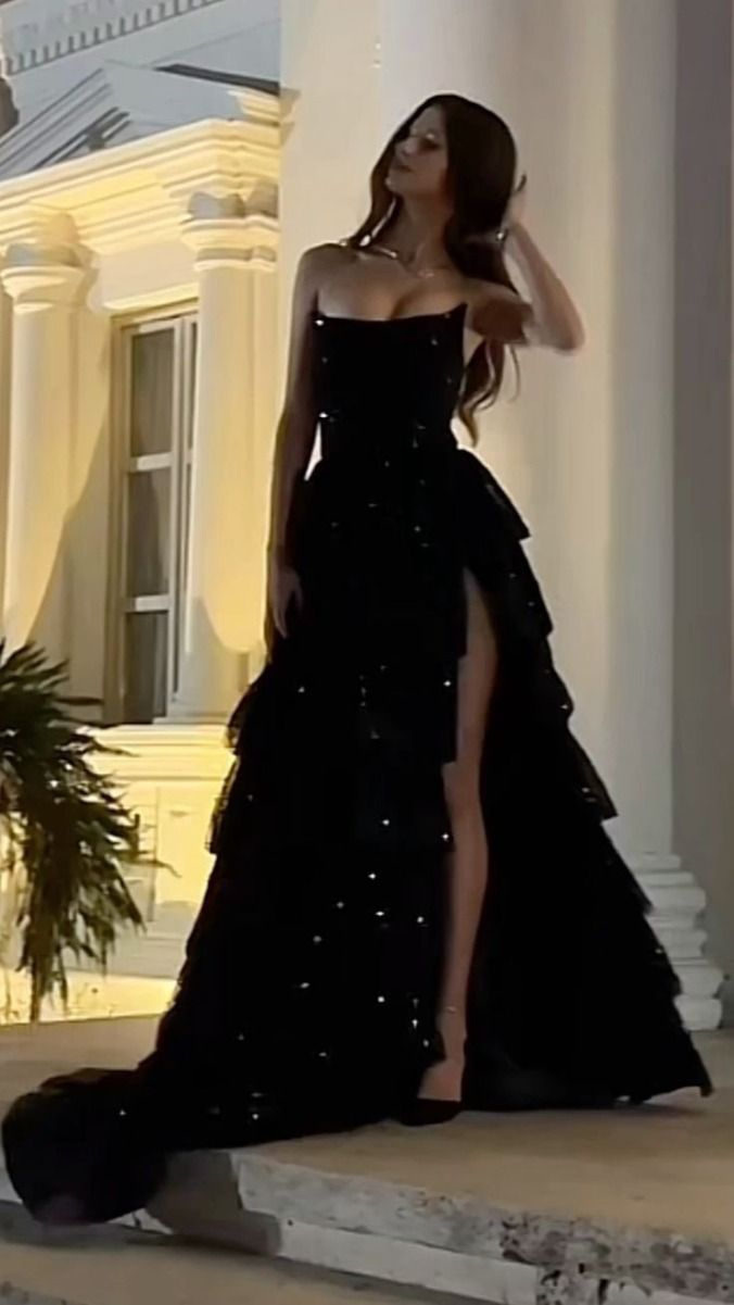 A Line Strapless Black Prom Dress Black Evening Dress      S6065