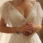 A Line Wedding Dresses V-Neck Lace Appliques Floor Length Wedding Gown Bridal Gown        S6437