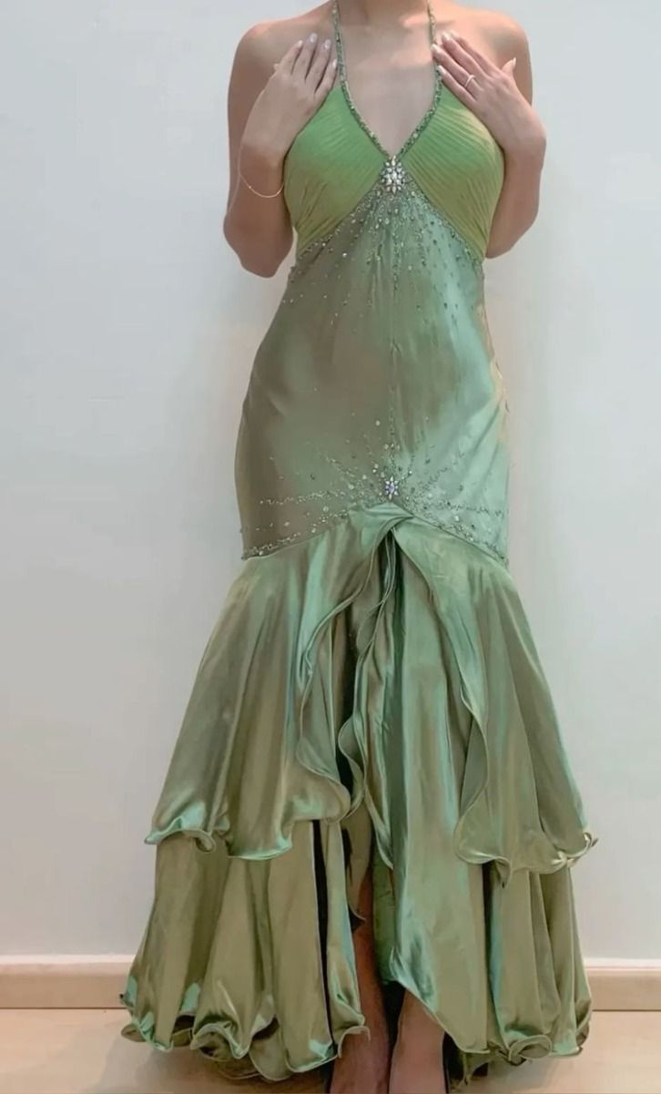 Green Halter Backless Beading Long Prom Dresses         S6073