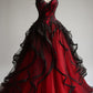 Red and Black Lace Applique Strapless Ball Gown Organza Sweet 16 Dresses       S6395