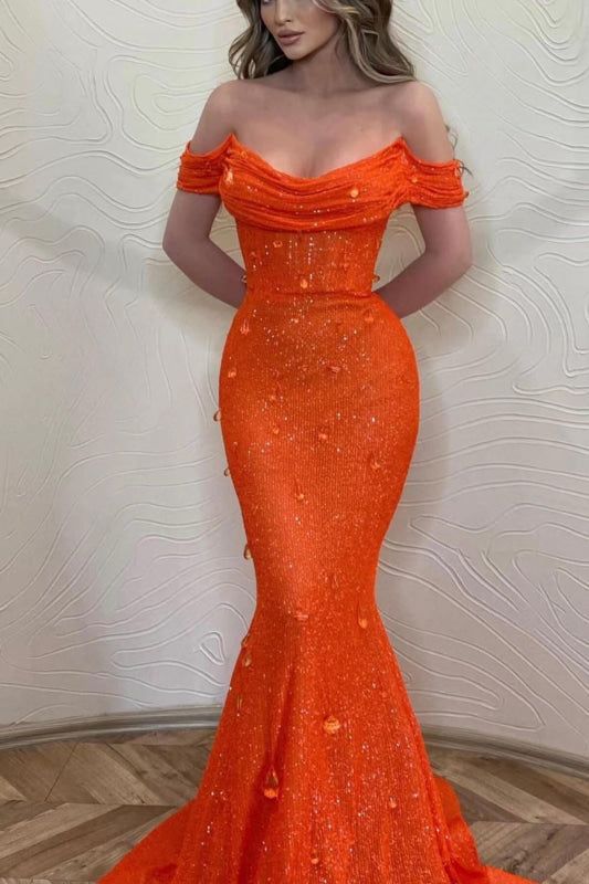 Orange Mermaid Off The Shoulder Prom Dress With Sequins        S6195