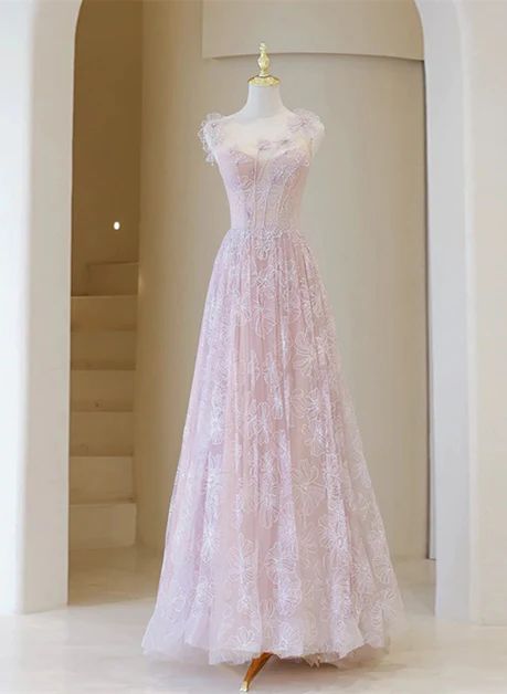 Light Pink Round Neckline Lace Long Prom Dress, A-line Pink Floor Length Party Dress        S6340