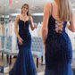 Mermaid Navy Blue Sequins Long Prom Dress with Appliques        S6221