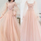 A Line Tulle Long Sleeve Pink Evening Dress Long Prom Dress       S6334