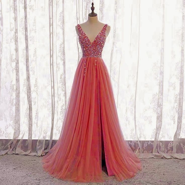 A Line V Neck Beaded Long Prom Dresses, Pink Long Formal Graduation Dresses        S6330