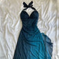 Teal V Neck Halter Shiny Vintage Long Prom Dress        S6476