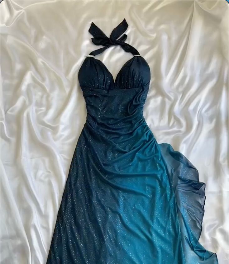 Teal V Neck Halter Shiny Vintage Long Prom Dress        S6476