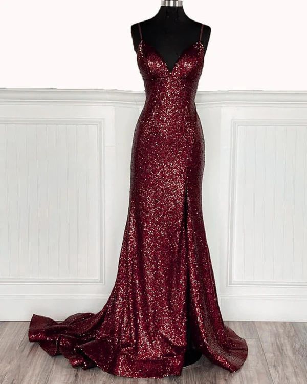 Mermaid Burgundy Sequin Floor Length Prom Dress 22th Birthday Outfit       S6219