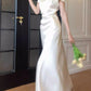 White prom dress long-sleeved engagement dress satin birthday dress    S5936