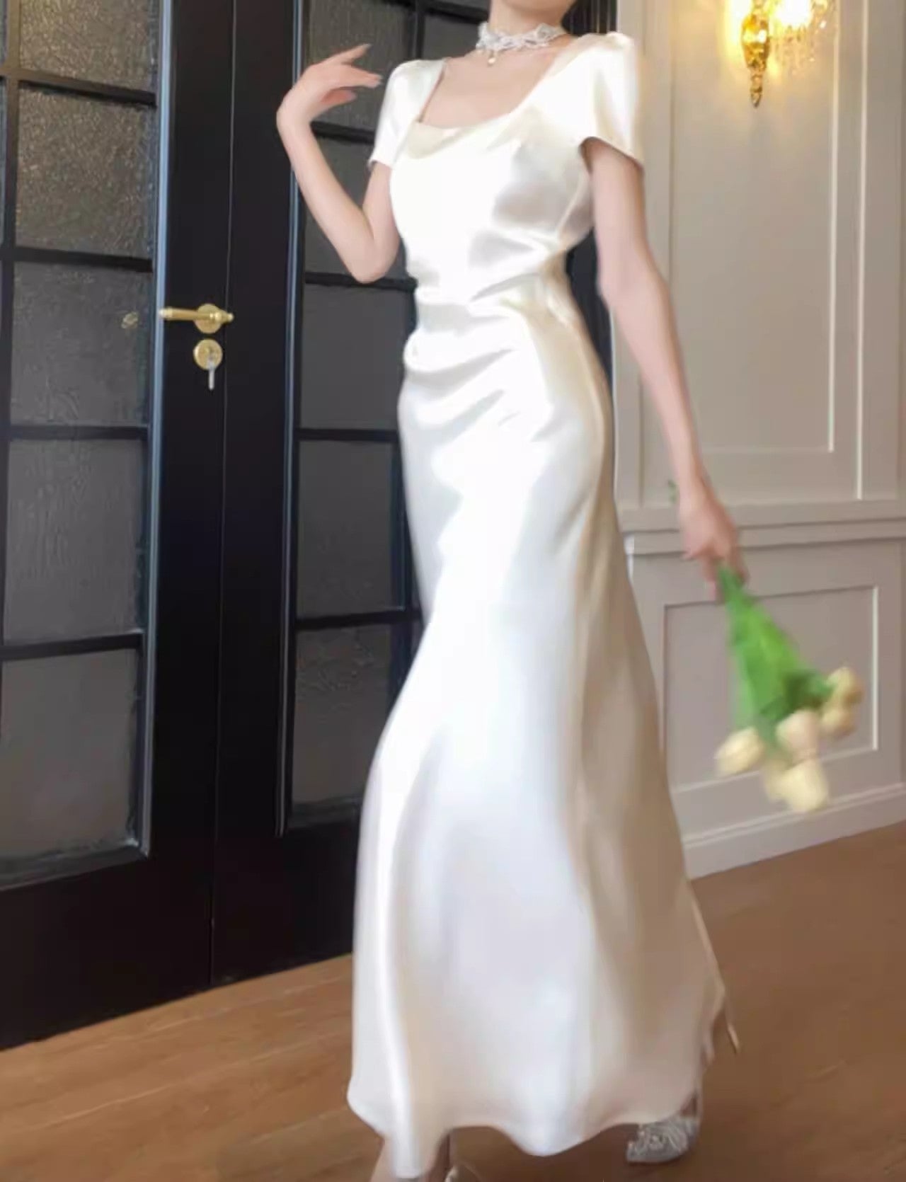 White prom dress long-sleeved engagement dress satin birthday dress    S5936