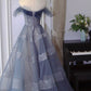 A-Line Off Shoulder Layers Tulle Long Evening Dress, Blue Formal Dress      S6342