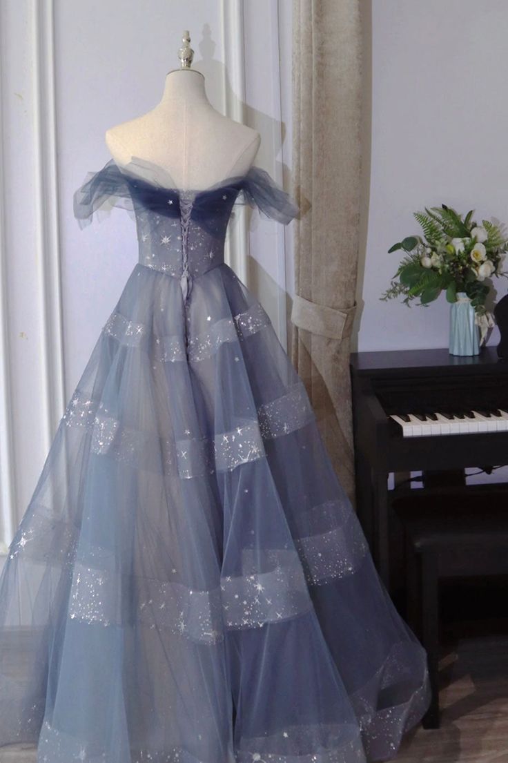 A-Line Off Shoulder Layers Tulle Long Evening Dress, Blue Formal Dress      S6342