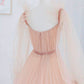 A Line Tulle Long Sleeve Pink Evening Dress Long Prom Dress       S6334