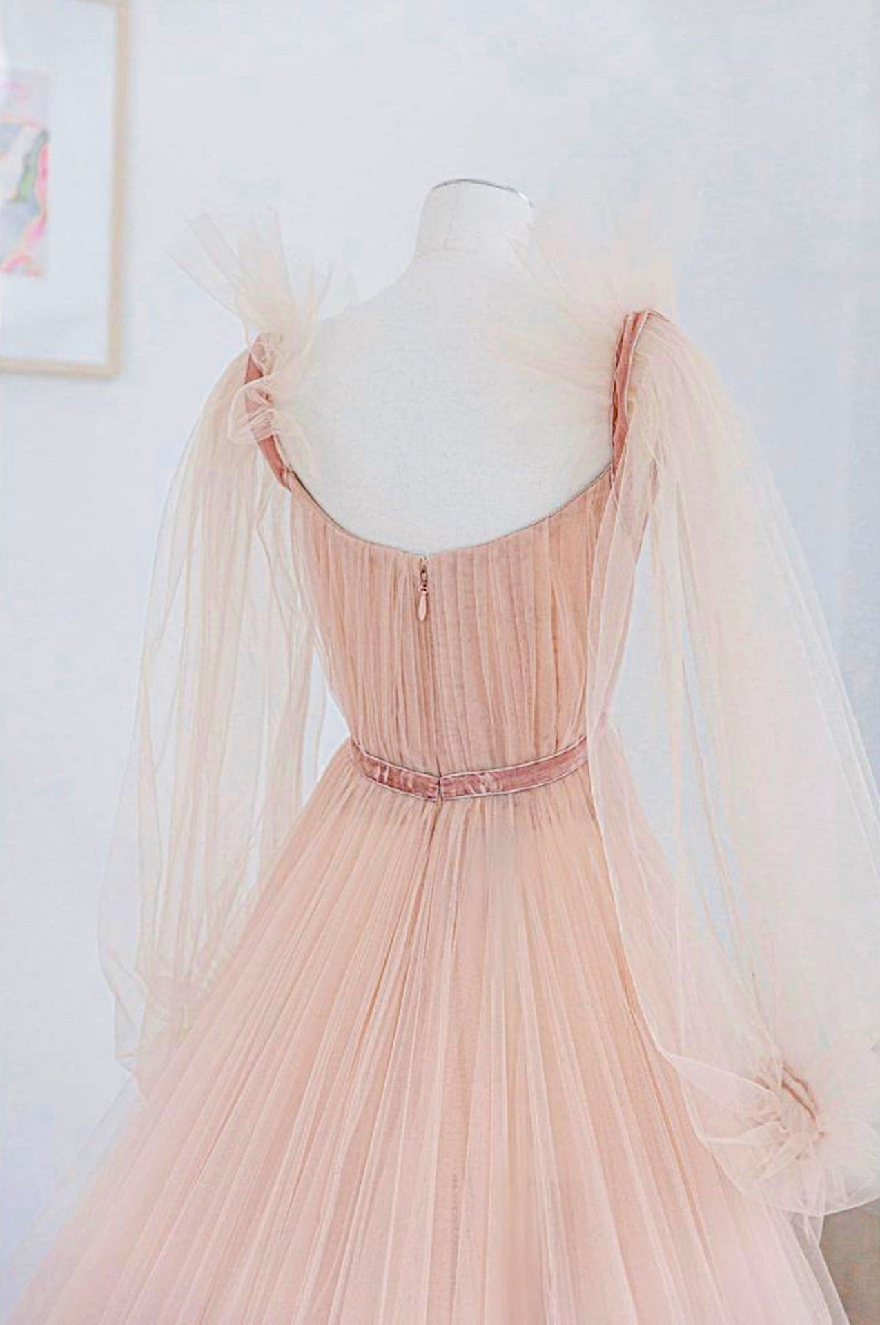 A Line Tulle Long Sleeve Pink Evening Dress Long Prom Dress       S6334