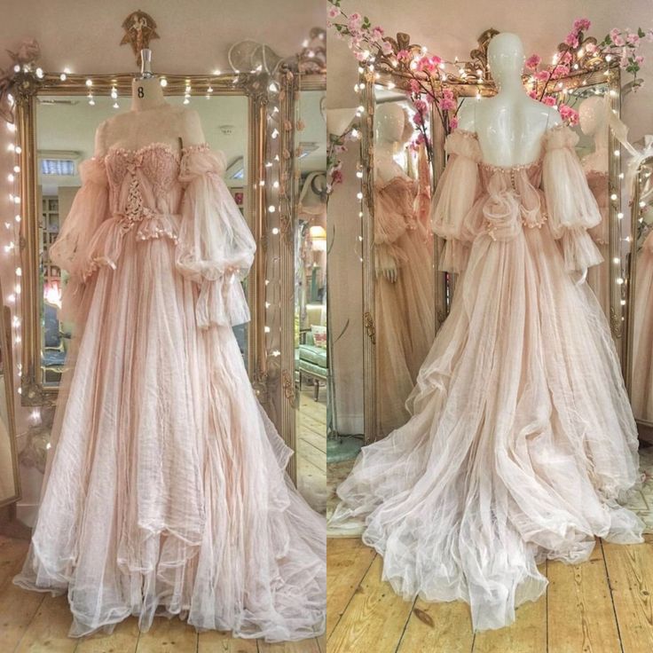 Princess Pink tulle Ruffles Long Prom Dress,Wedding Gown with Bubble Sleeves     S6354