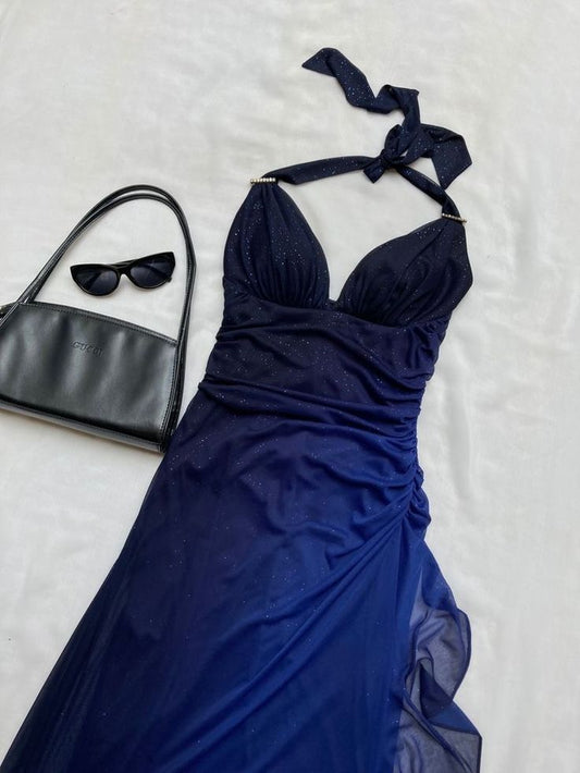 Halter Ombre Navy Blue Long Chiffon Prom Dress        S6477