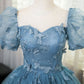 Blue Short Sleeves Long Party Dress With Butterfly Lace, Blue Prom Dress      S6261