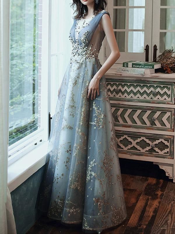 Prom Dress A Line Sleeveless Floor Length Jewel Neck Lace Appliqued Formal Occasion Dresses         S5966