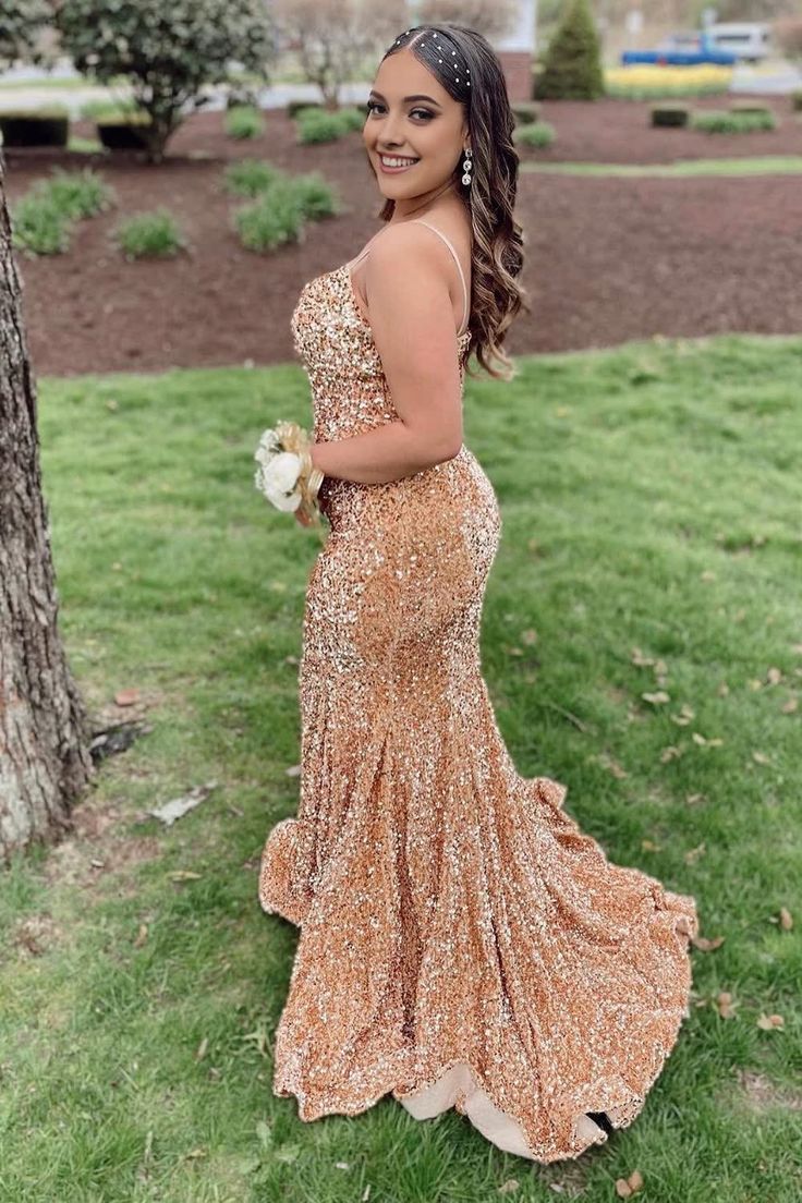 Champagne Spaghetti Straps Sequins Mermaid Prom Dress       S6196