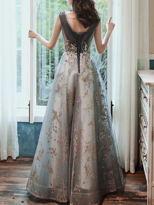 Prom Dress A Line Sleeveless Floor Length Jewel Neck Lace Appliqued Formal Occasion Dresses         S5966