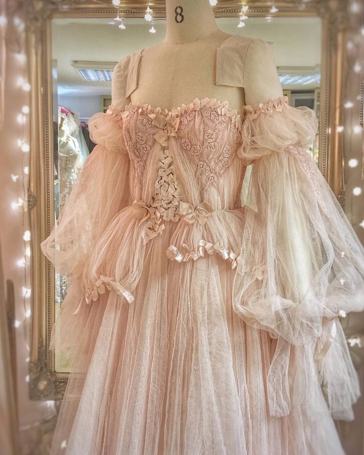 Princess Pink tulle Ruffles Long Prom Dress,Wedding Gown with Bubble Sleeves     S6354