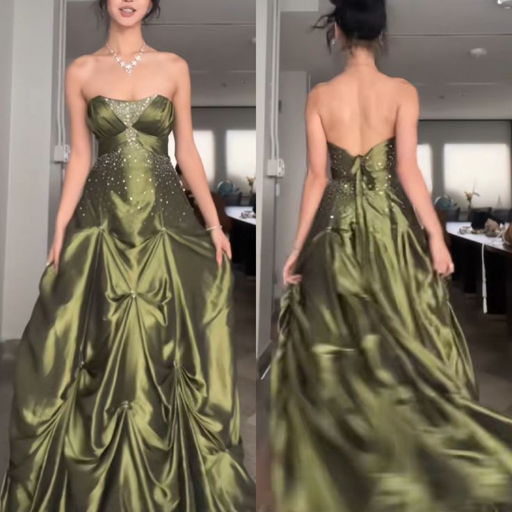 Pretty Ball Gown Strapless Green Satin Long Prom Dresses With Silver Beads        S5624