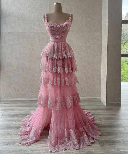 Elegant A Line Pink Tulle Long Prom Dress, Evening Dress       S6521