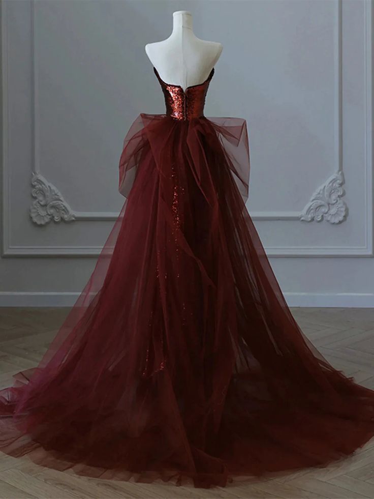 Glam Wine Red Sequins And Tulle Long Party Dress, Wine Red Evening Dress Prom Dress    S6443