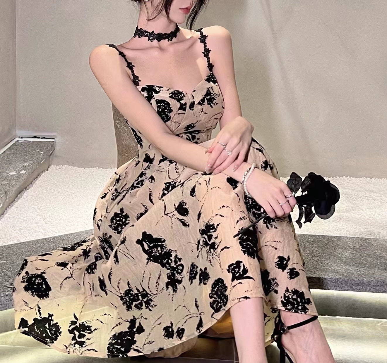 Floral suspender dress for women sweet party dress     S5788