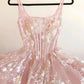 Pink Square Neck A Line Floral Prom Dress     S6506