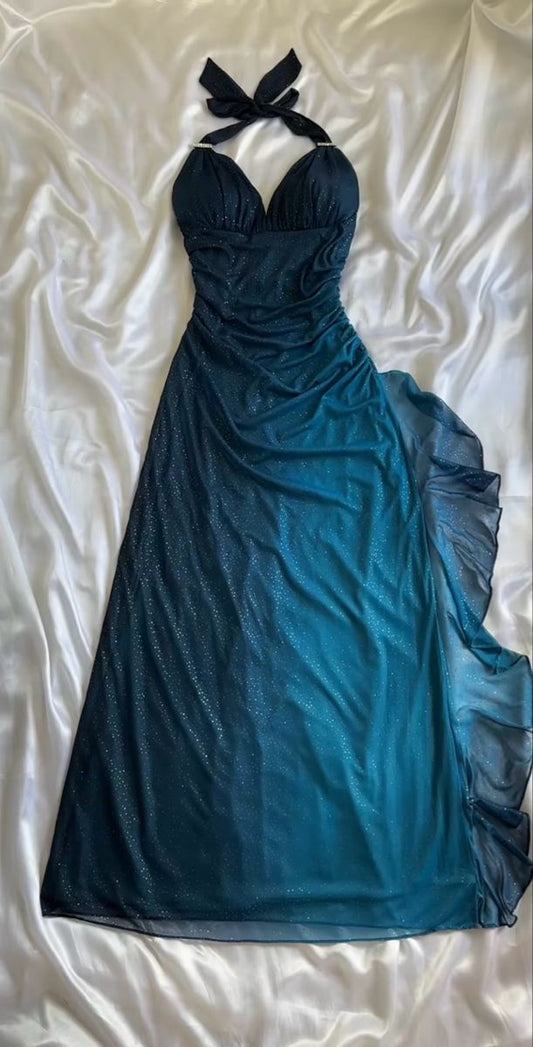 Teal V Neck Halter Shiny Vintage Long Prom Dress        S6476