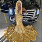 Mermaid Gold Sequin Long Black Girl Prom Dress Long Formal Dress          S6175