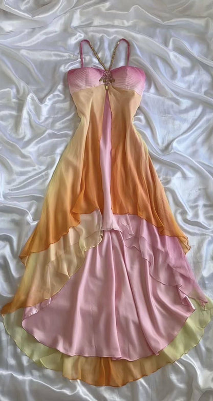 High Low Straps Ombre Chiffon Prom Dresses Evening Dress With Beads        S6212
