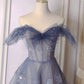 A-Line Off Shoulder Layers Tulle Long Evening Dress, Blue Formal Dress      S6342