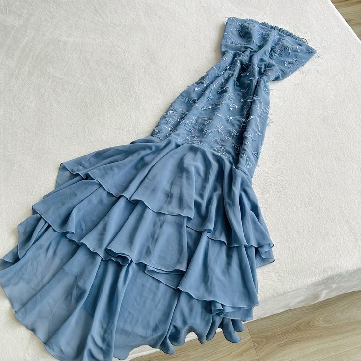 Blue Strapless Sleeveless Long Formal Party Dress Chiffon Long Prom Dress       S5920