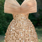 Champagne Off The Shoulder Sequin Tight Homecoming Dresses     S5930