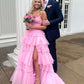 Gorgeous V Neck Layered Pink Tulle Long Prom Dresses with High Slit, Long Pink Tulle Formal Evening Dresses          S6484